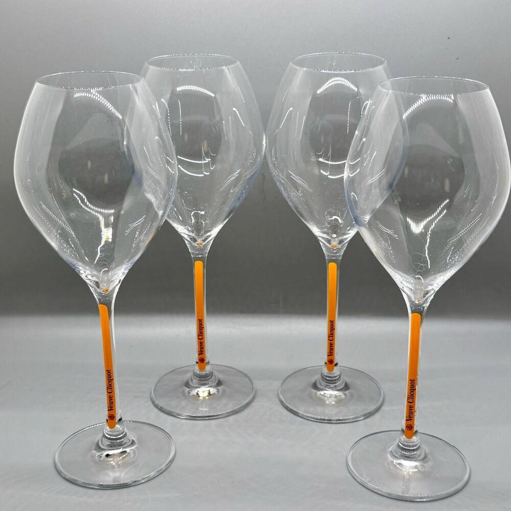 NEW Set Of 4 Veuve Cliquot Champagne Orange Branded Stems Glasses Tulip Flutes - Picture 3 of 10